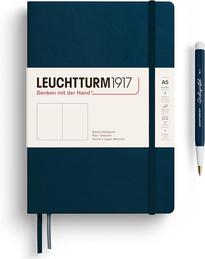 LEUCHTTURM1917 - Notebook Hardcover Medium A5-251 Numbered Pages for Writing and Journaling - Thinking Ahead (Plain Paper, Deep Sea)