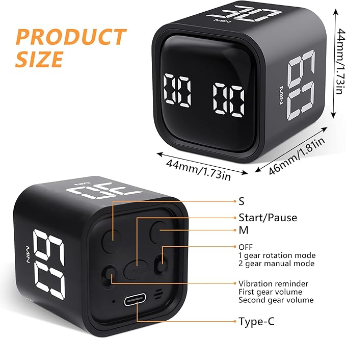 GuDoQi Multi-Function Cube Timer, 5/10/30/60 Min & Custom Count Down, Included Pause & Resume Feature, Silent, Vibrate & Adjustable Sound Alarm for Productivity in Tasks, Study & Kitchen, Black