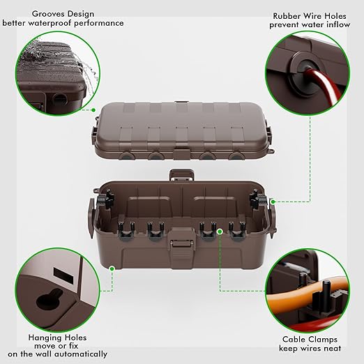 RESTMO Outdoor Electrical Box, IP54 Weatherproof Extension Cord Cover with 6 Cable Entry Ports, Waterproof Connection Box Protect Power Strip, Timer, Plug, Holiday Lights, (11.5x5.2x4 inch), Brown