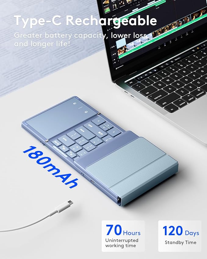 Samsers Foldable Bluetooth Keyboard with Touchpad, Full-Size Wireless Folding Keyboard with PU Leather, Portable Travel Keyboards for iOS Android Windows Mac OS, Support 3 Devices (BT5.1 x 3), Blue
