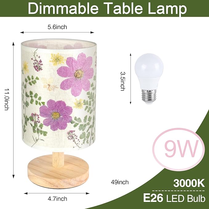 Dried Flowers Table Lamp 9W LED Dimmable Warm Light Pressed Flower Bedside Lamp Linen Shade with Wood Base for Bedroom Living Room Desk Office