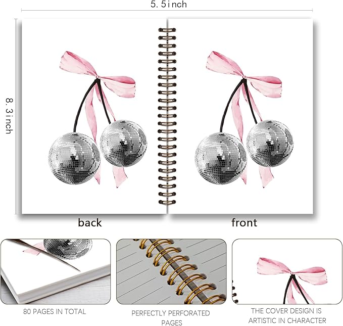 Coquette Trendy Retro Disco Ball Cherry Pink Notebook,Preppy Funky Cherry Disco Notebook Journal,Pink Girly Notebook,Preppy Gifts for Women,Pink Office Supplies,Spiral Notebook 5.5x8.3 Inch