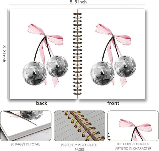Coquette Trendy Retro Disco Ball Cherry Pink Notebook,Preppy Funky Cherry Disco Notebook Journal,Pink Girly Notebook,Preppy Gifts for Women,Pink Office Supplies,Spiral Notebook 5.5x8.3 Inch