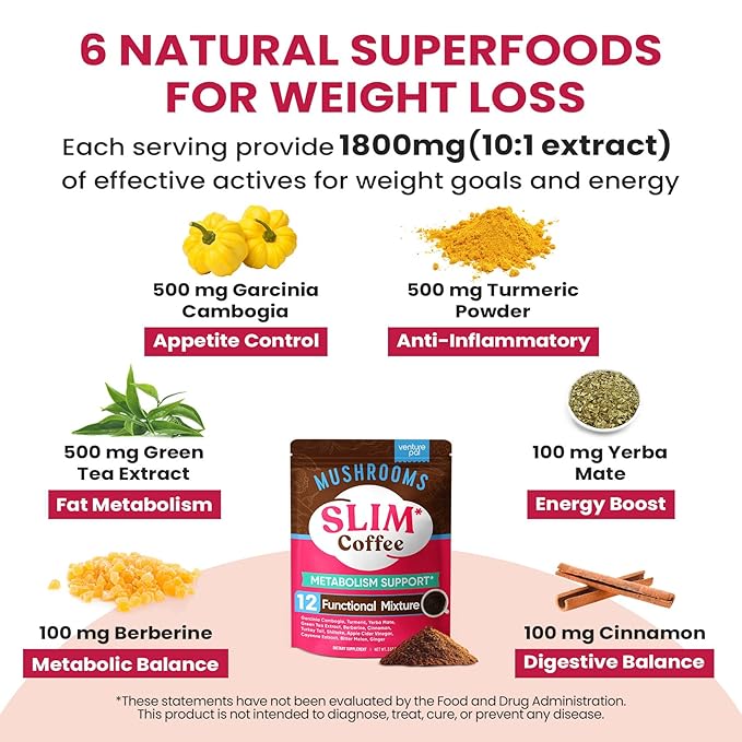 Venture Pal Slim Mushroom Coffee for Weight Loss, Instant Coffee with Berberine, Cinnamon, Yerba Mate, Turmeric, & More, 1800mg(10:1) Extract for Diet Support & Metabolism Boost - 40 Servings