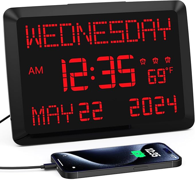 Mesqool Digital Clock, 11.5” Digital Wall Clock with Date,Time,Week, Indoor Temperature, Dimmable, Snooze, 12/24H for Living Room, Elderly, Seniors, Dementia, Alzheimers' Calendar Clock