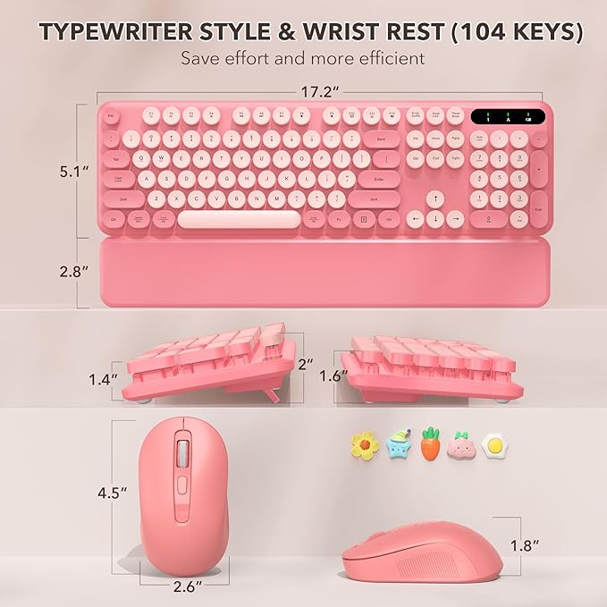 Wireless Keyboard and Mouse Combo - Retro Keyboard with Round Keycaps, Full-Size Typewriter Keyboard with Detachable Wrist Rest, 2.4GHz Connection for Mac/Windows/PC (Baby Pink)