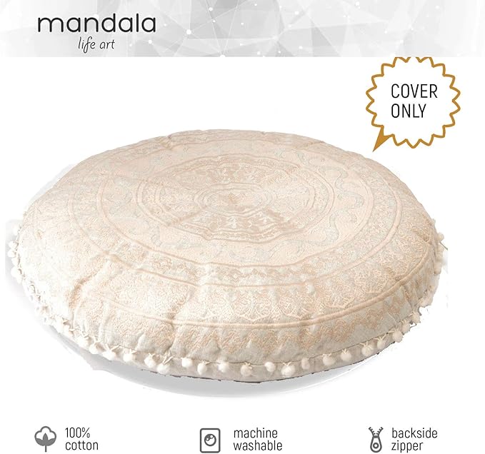 Mandala Life ART Bohemian Floor Cushion Cover –24 inches - Room Décor Decorative Round Pillow Case for Meditation, Yoga, and Boho Chic- Seating Area