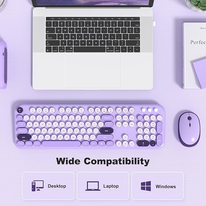 KNOWSQT Wireless Keyboard and Mouse Combo - Lovely Violet Rainbow Full-Sized Typewriter Colorful Keyboards, Round Keycap USB Plug Play Retro Cute Keyboards for Windows, Laptop, PC, Desktop, Computer