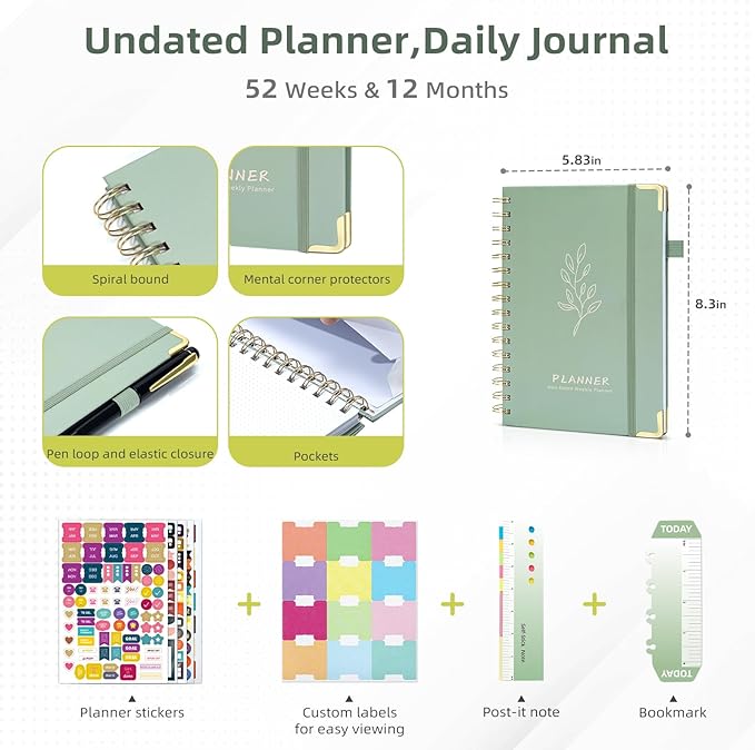 Ospelelf Planner Undated Mini Daily Spiral Binding Weekly Monthly Hardcover Planners with Stickers 12 Months Productivity Aesthetic Journey Booklet Size Green Leaf