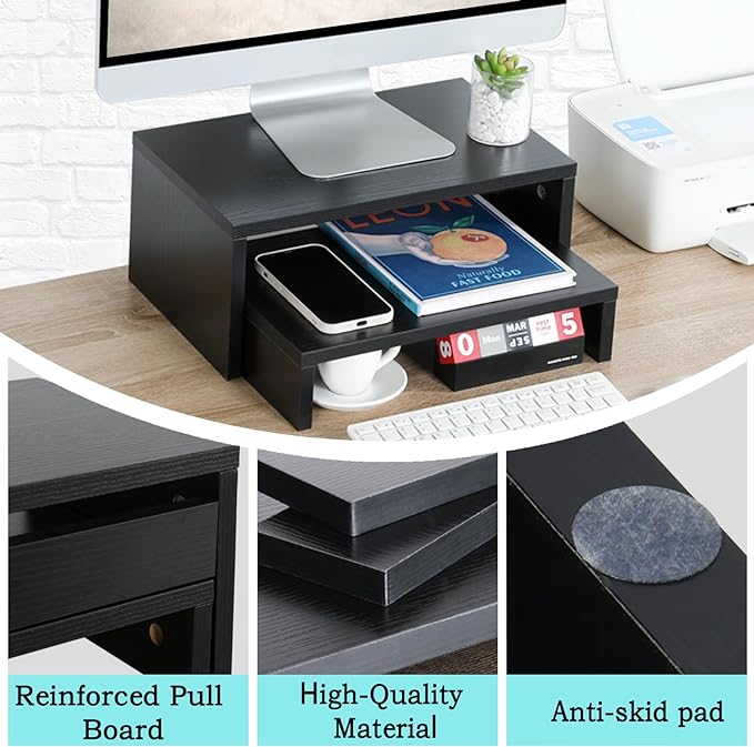 TEAMIX 2 Pack Black Monitor Stand Riser, Wood 2 Tier Adjustable Stand for 2 Monitors/Laptop/PC