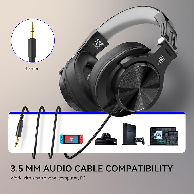 OneOdio A71D Wired Over-Ear Headphones, Studio Monitor Headsets, Hi-Res DJ Stereo Headphone with Foldable Design, 3.5/6.35MM Plug for AMP Recording Podcast Mixing PC Guitar - Black