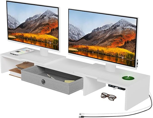 Monitor Stand with Drawer, Dual Monitor Stand Riser with Adjustable Length and Angle, Computer Stand, Desk Organizer for PC Monitor/Laptop/MacBook