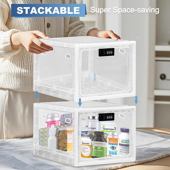 Medicine Lock Box for Safe Medication, Premium Material Lockable Storage Box Locking Organizer Bin with Combination Code for Fridge Food/Snacks/Phone/Tablet Jail/Home/Office Storage Lockers
