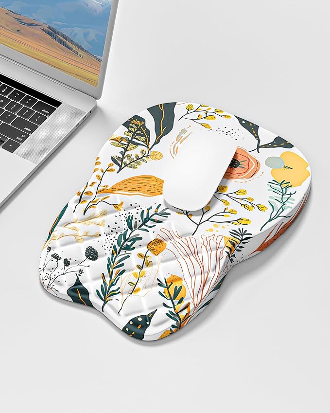 Auhoahsil Ergonomic Mouse Pad with Wrist Rest, Slope Computer Mouse Mat with Wrist Support, Memory Foam Filling, Non-Slip Silicone Base, Pain Relief, for Gaming & Work, 8 x 12 in, White Flowers