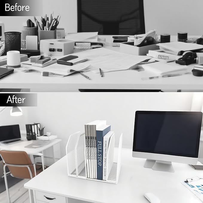 Adjustable Desk File Organizer,Detachable Office Folder Organizer,Compact Vertical Desk File Holder,Wrought Iron Paint,Suitable for Home, School, Office Classrooms (White - 5 grids)