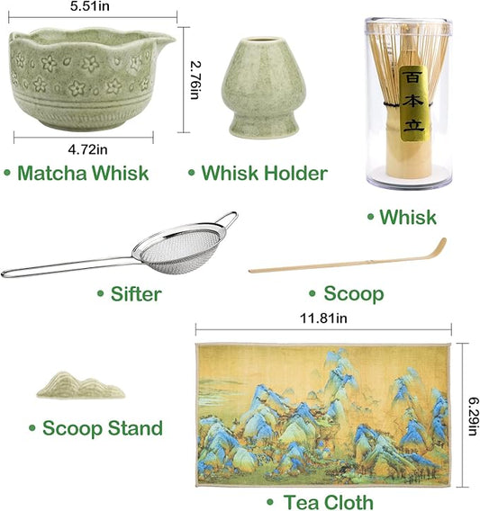 Matcha Whisk Set - 7 PCS Matcha Kit, Matcha Set for Making Breakfast Green Tea Lattes - Matcha Bowl with Spout, Matcha Whisk Holder - Gift for Tea Beginner, Friend, Daughter, Family