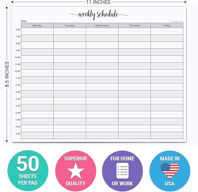 321Done Weekly Schedule Planning Notepad - 50 Sheets (8.5x11) – Hourly Appointment Productivity Weekly Planner Tear-Off Note Pad - Cute Simple Script Large Letter Size - Made in the USA