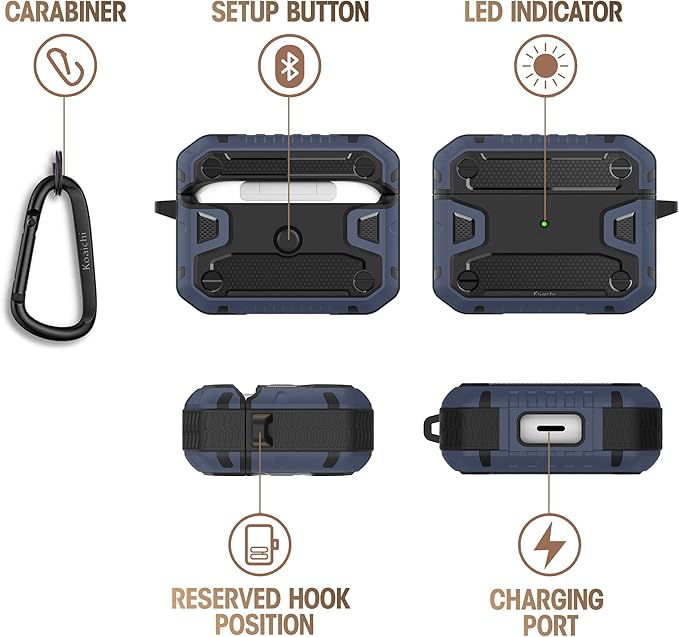 Koaichi Compatible with AirPods Pro(2nd Generation/1st Generation), Full-Body Rugged Hard Shell Protective Case Cover with Keychain Designed for AirPods Pro (2022/2019), Black/Blue