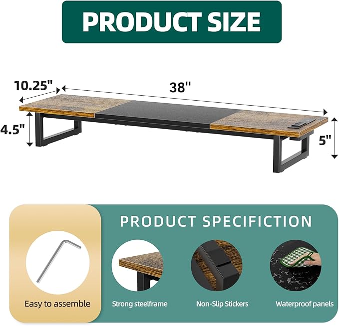 Simple Trending Dual Monitor Stand Riser with 2 USB Charging Ports, Wood Computer Desk Organizer for 2 Monitors, Extra Long TV Stand for Laptop Office, iMac