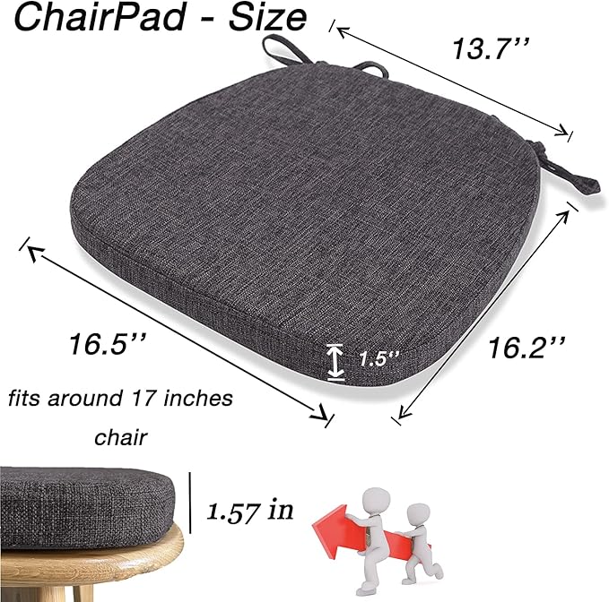 Chair Cushion with Ties for Dining Chairs - Memory Foam Non Slip Kitchen Chair Pad and Dining Seat Cushion with Machine Washable Cover Set of 4 [16.5 x 16.2 Inches] (Black Gray, 4)