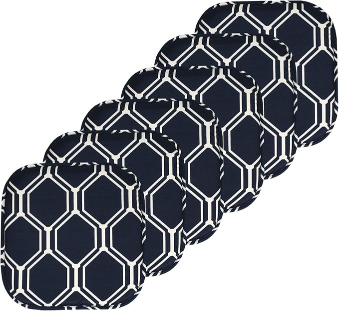 Sweet Home Collection Chair Cushion Memory Foam Pads Honeycomb Pattern Slip Non Skid Rubber Back Rounded Square 16" x 16" Seat Cover, 6 Pack, Mirage Navy/White