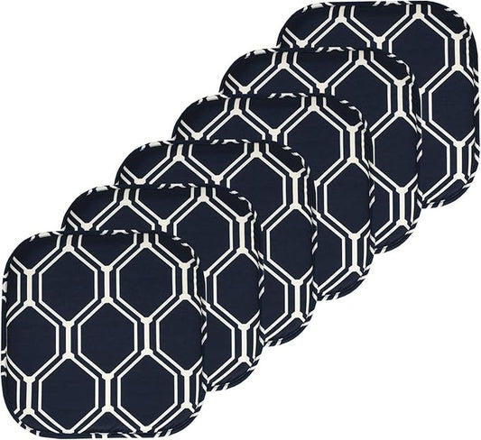 Sweet Home Collection Chair Cushion Memory Foam Pads Honeycomb Pattern Slip Non Skid Rubber Back Rounded Square 16" x 16" Seat Cover, 6 Pack, Mirage Navy/White
