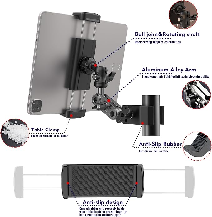 Tablet Holder for Spin Bike 360° Rotating Tablet Clamp Mount for Exercise Bikes, Peloton, Treadmill & Elliptical,Music Stand,Stationary Bike– Quick-Clip Handlebar Clamp Fits 4-13" Tablet&Phones