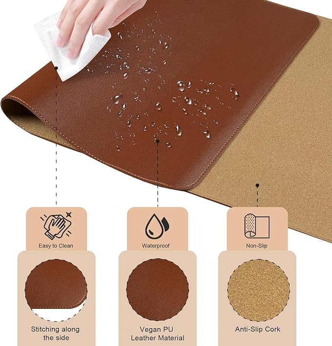 Large Desk Pad 35.4" x 17", Non-Slip Desk Mat with PU Leather & Natural Cork, Waterproof Writing Desk Natural Cork, Computer Mat Desk Protector for Office Home, Brown