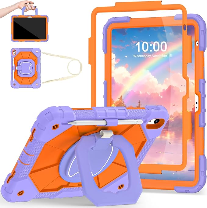 Case for iPad (A16) 11th/10th Generation 2025/2022,Kids Friendly 10th Gen iPad Case with Screen Protector 360° Rotating Stand,Heavy Duty Shockproof Cover for i Pad 11.0/10.9,Purple Orange