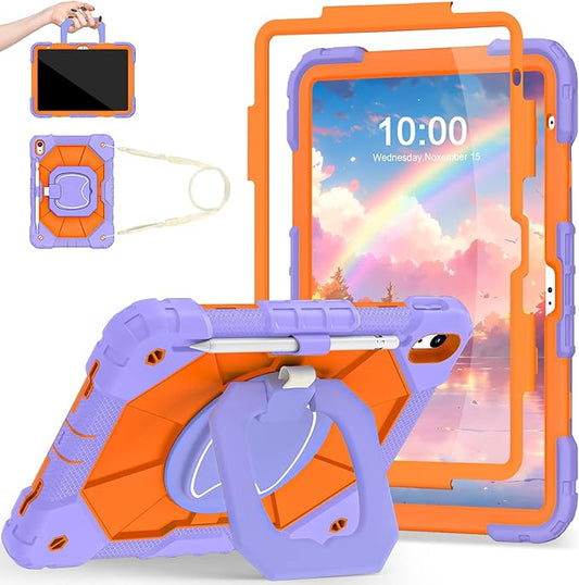 Case for iPad (A16) 11th/10th Generation 2025/2022,Kids Friendly 10th Gen iPad Case with Screen Protector 360° Rotating Stand,Heavy Duty Shockproof Cover for i Pad 11.0/10.9,Purple Orange