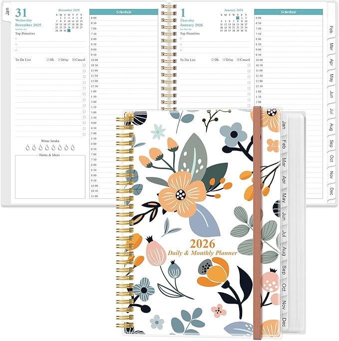 2026 Daily & Monthly Planner - One Page Per Day, Daily Planner from January 2026 - December 2026, Planner 2026 with 12 Monthly Tabs, 8.5" x 11", Rose Flower