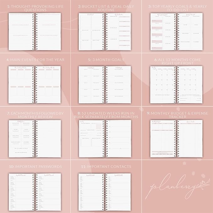PLANBERRY Weekly Planner Premium – Undated Life Organizer & Budget Planner – Time Management, Goal Setting, To-Do List, Work-Life Balance & Habit Tracker – 6.9″ x 8.5″ (Rose Gold)