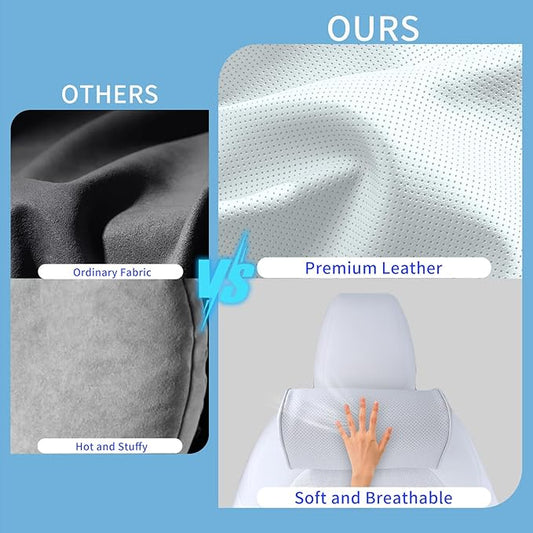 Car Headrest Pillow for Driving - Luxury Leather 100% Memory Foam, Ergonomic Neck Support - Universal Fit Head Rest Travel Pillow for Most Cars, Home & Office, White, 1 Pack