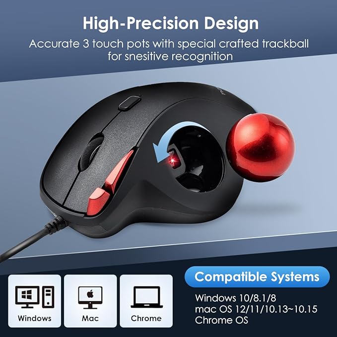 SANWA Wired Ergonomic Trackball Mouse, Optical Rollerball Mice, Programmable Silent Buttons, 34mm Trackball, 600/800/1200/1600 Adjustable DPI, Compatible with MacBook, Laptop, Windows, macOS