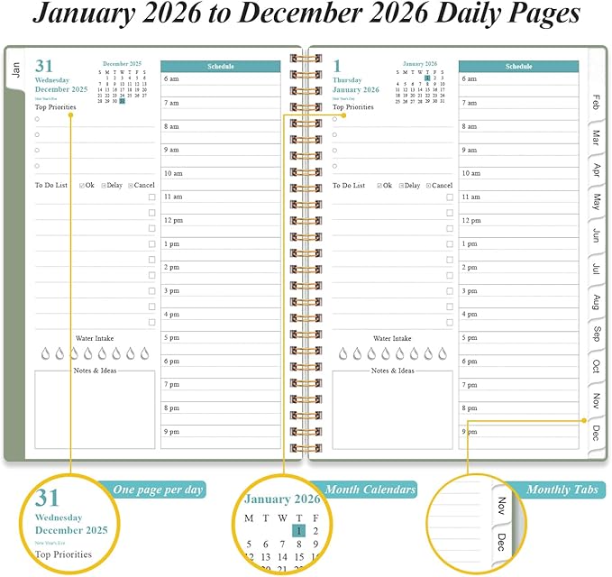 2026 Daily & Monthly Planner - One Page Per Day, Daily Planner 2026 from January 2026 to December 2026, Planner 2026 with 12 Monthly Tabs, 6.4" x 8.5", Green