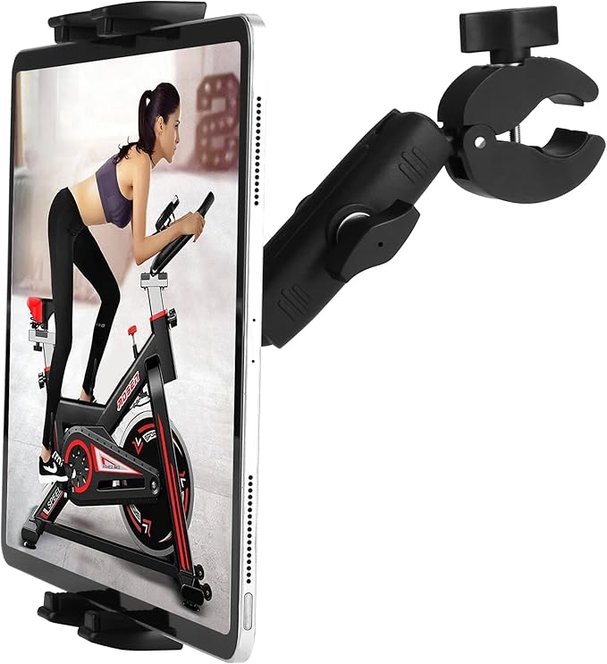 Treadmill Tablet Ipad Holder Bike Handlebar Mount Clamp for Stationary Bicycle Elliptical Spin Bike Peloton Stroller for 4-13" Devices, iPad Pro 12.9, Air, Mini, Galaxy Tabs, iPhone