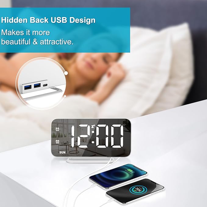 Slim LED Digital Alarm Clock, Mirror Surface for Makeup, with Diming, Large Display, Easy Setting, USB Ports, Modern Decor for Bedroom, Desk, Christmas, Birthday Gift for Women, Daughter, Girl, White