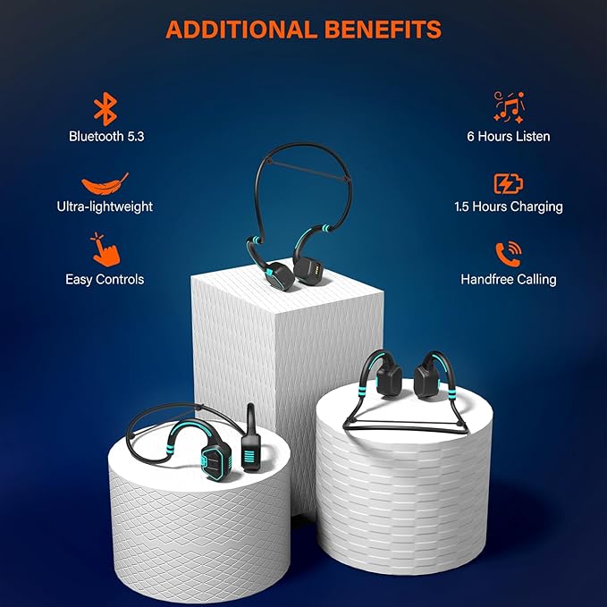 Bone Conduction Headphones Swimming Headphone - IP68 Waterproof Open Ear Headphones with MP3 Play 32G Memory Inductive Wireless Bluetooth Sports Headset for Running Swimming (Blue)