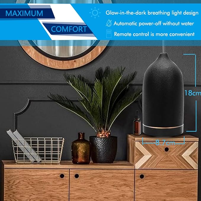 Stone Diffuser, Ceramic Essential Oil Diffuser, Humidifier 160ml Ultrasonic Oil Diffuser for Aramatherapy. (Black)