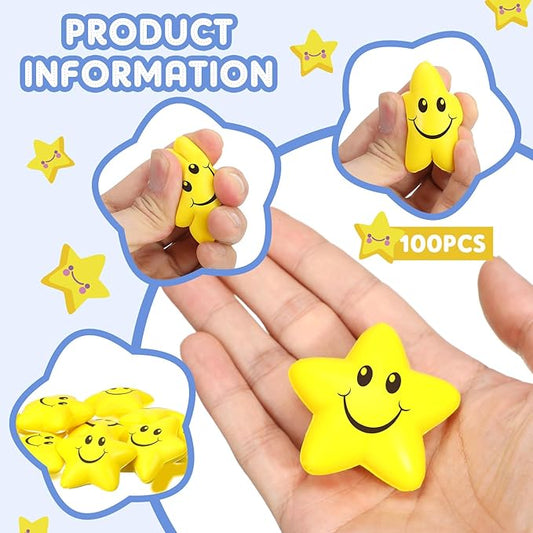Kasyat 100 Pcs Star Smile Face Stress Balls Bulk 2.2 Inch Mini Foam Smile Ball Yellow Small Stress Relief Toy for School Reward Student Prizes Birthday Party Favor