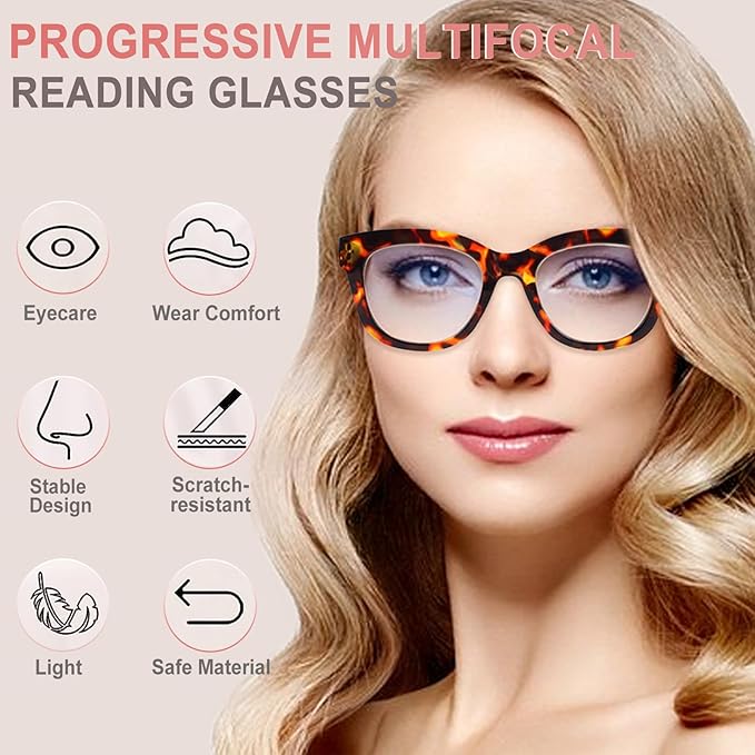 Progressive Multifocus Reading Glasses for Women Men Blue Light Blocking Computer No Line Multifocal Readers