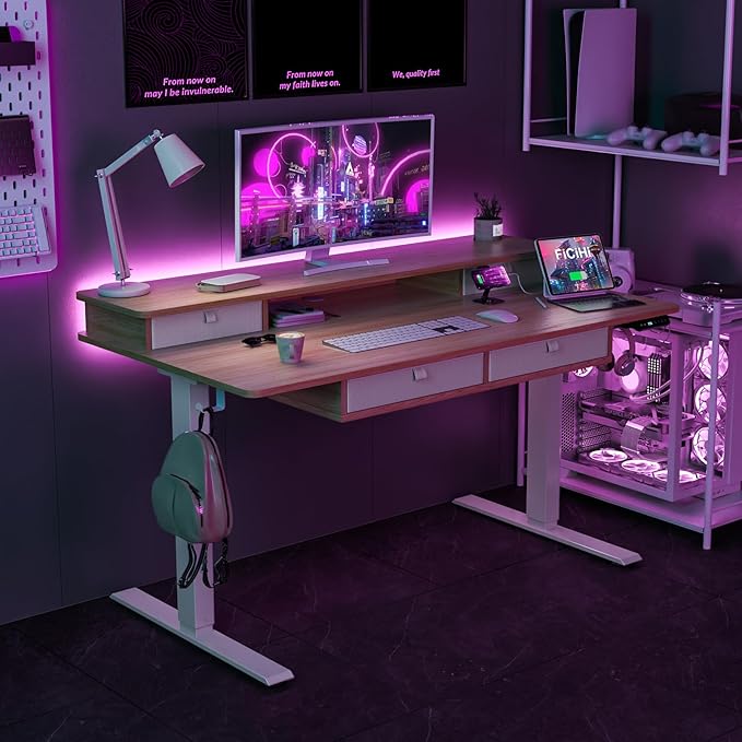 Adjustable Height Standing Desk with 4 Drawers,55 x 30 inches Electric Sit Stand Home Office Desk with Two Tiers, 3 Memory Presets, Monitor Stand Riser, USB A/C Charging Port