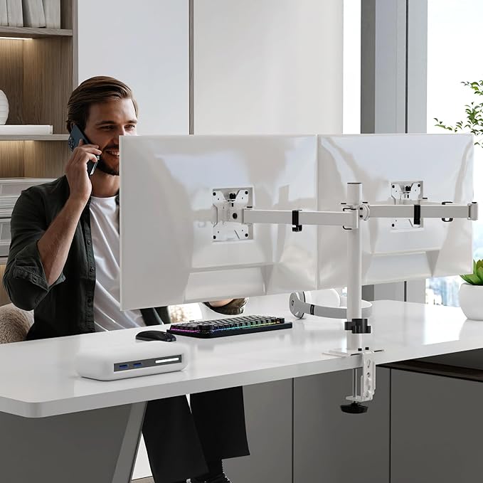 Pholiten Dual Monitor Stand, Heavy Duty Adjustable Monitor Arm Desk Mount for 2 Screens up to 38Inches, Tilt, Swivel, Rotate, Supports Tilt, Swivel, Rotate, Supports 22 lbs per Arm,White