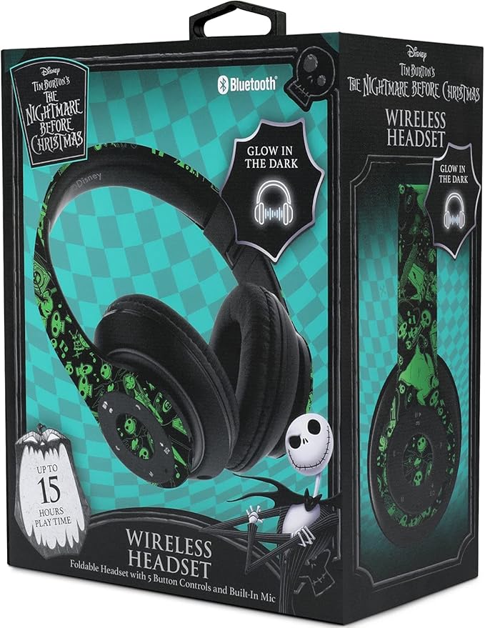 iJoy Disney Nightmare Before Christmas Glow in The Dark Bluetooth Headphones Over Ear, Wireless and Wired Foldable Headset Built-in Microphone - Tim Burton Jack Skellington & Sally - Adults Kids