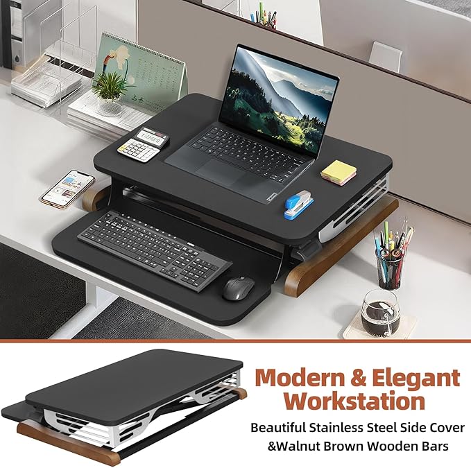 Height Adjustable Standing Desk Converter with Keyboard Tray, 26x16 Inch, Sit to Stand Desk Riser with Elegant Side Cover and Wooden Feet, Compact Monitor and Laptop Riser for Home & Office, Black