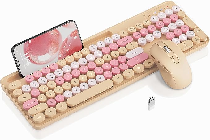 Wireless Keyboard and Mouse Combo, Retro Round Keycaps, Cute Full-Size Typewriter Keyboard with Phone Holder, Sleep Mode, Click Soft, 2.4GHz Cordless Connection for Windows/PC/Laptop (Latte-Colorful)