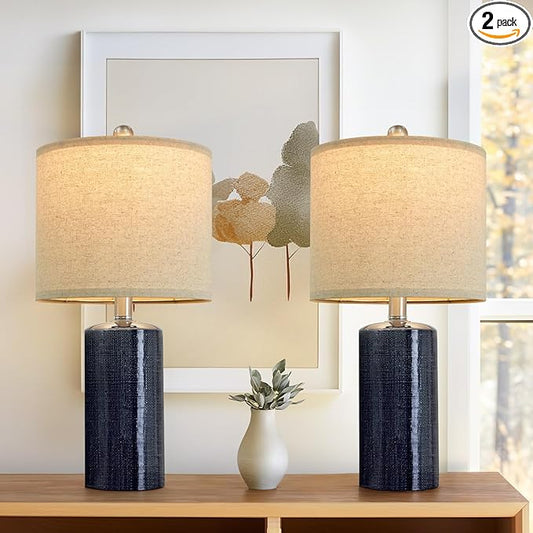 20.25/inch Modern Ceramic Table lamp Set of 2 Small Farmhouse Bedside lamp Dark Blue Nightstand Lamp End Table Lamps for Living Room Bedroom Study Office AMZ-T1109BL0