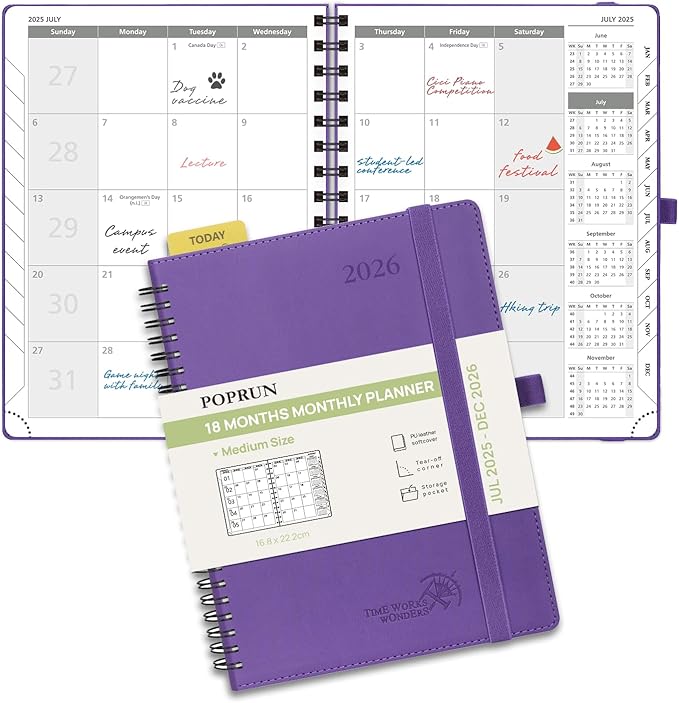 POPRUN Monthly Planner 2025-2026 Spiral Bound (6.5" x 8.5") 18 Months Calendar (Jul 2025 - Dec 2026) - 4 Pages per Month with Monthly Expense & Notes, Sunday Start, Leather Cover - Purple