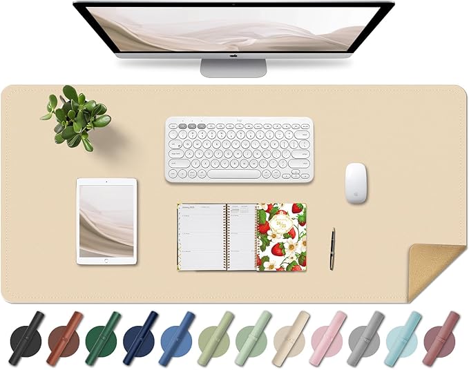 BLESWIN Large Desk Pad 35.4"" x 17"", Non-Slip Desk Mat with PU Leather & Natural Cork, Waterproof Writing Desk Natural Cork, Computer Mat Desk Protector for Office Home, Apricot