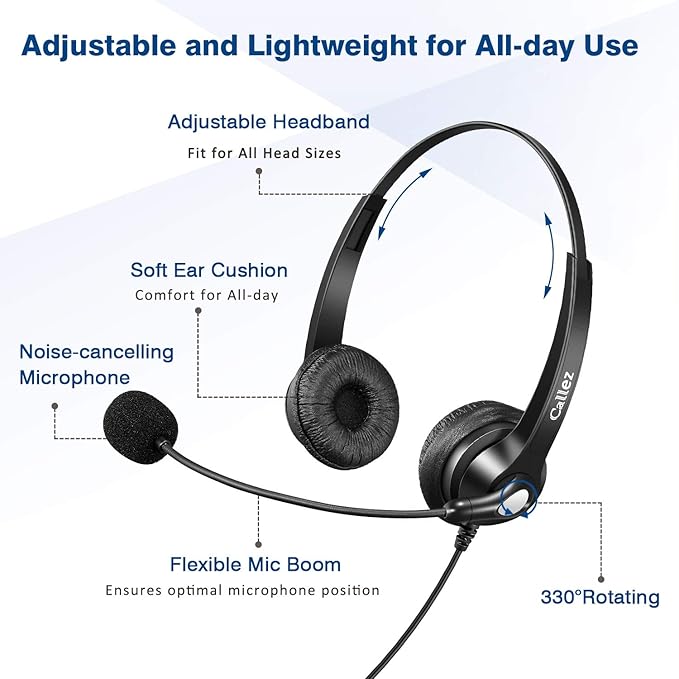 USB Headset with Microphone Noise Cancelling & Audio Controls, Stereo Computer Headphones for Business Skype UC Lync Softphone Call Center Office, Clearer Voice, Super Light, Ultra Comfort